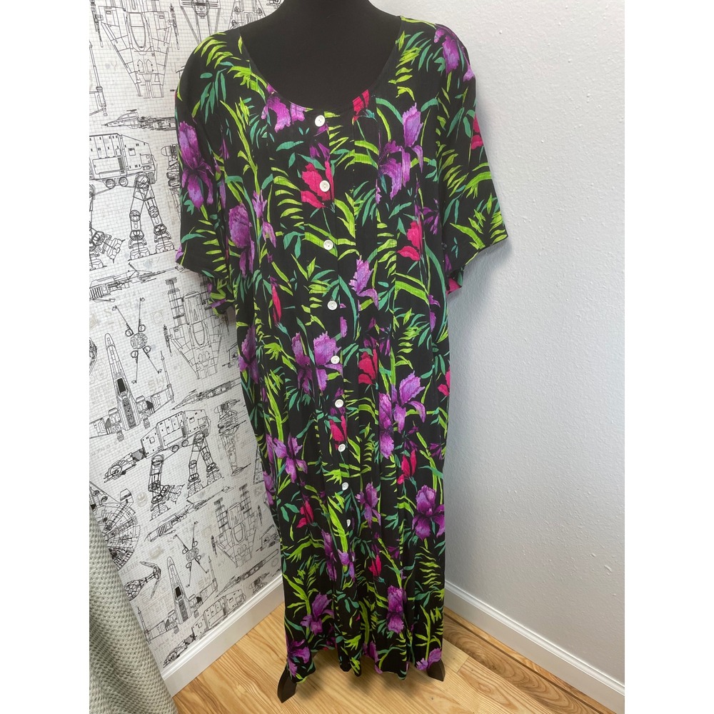 La Cera Maxi Dress Floral Tropical 4XL Black Purple Rayon Button Front Tie Back